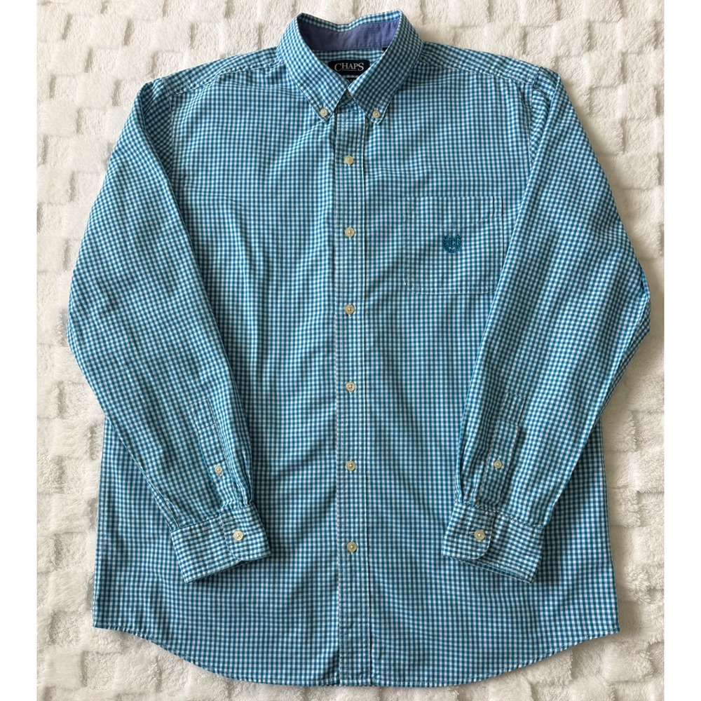 Chaps Mens Blue White Gingham Easy Care Long Sleeve Button Down Shirt Sz LG- EUC